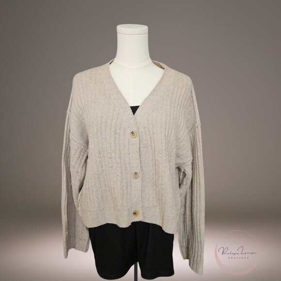 Elle Sweaters - Elle Ribbed Button Front Cardigan Sweater Women’s M Beige Oatmeal Drop Shoulder